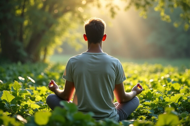 Egy férfi meditál a természetben, körülötte zöld növények és nyugodt környezet, jelképezve a természetes jólétet és a belső békét.