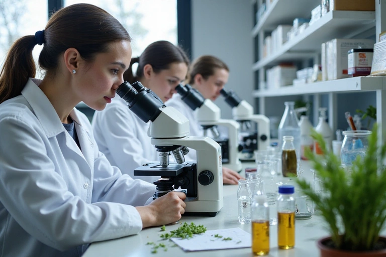 Laboratóriumi környezet, ahol tudósok növényi kivonatokat vizsgálnak mikroszkóp alatt, a háttérben kémcsövek és modern berendezések, hangsúlyozva a tudományos minőségellenőrzést.